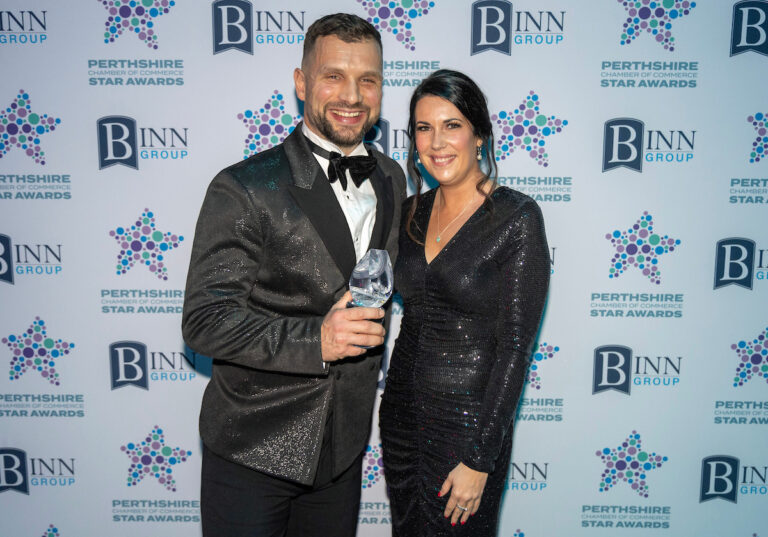 Perthshire Chamber of Commerce Business Star Awards 2024.....Crieff Hydro Hotel
Health and Wellbeing Business of the Year Winner Kevin Cuthbert pictured with Kirsty Easton from
Invest in Perth.
Picture by Graeme Hart.
Copyright Perthshire Picture Agency
Tel: 07990 594431