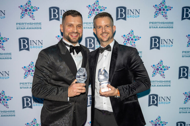 Perthshire Chamber of Commerce Business Star Awards 2024.....Crieff Hydro Hotel
Health and Wellbeing Business of the Year Winner Kevin Cuthbert pictured with Gary Robertson from
Possible Estate Agents winner of the Excellence in Digital Media award.
 Picture by Graeme Hart.
Copyright Perthshire Picture Agency
Tel: 07990 594431