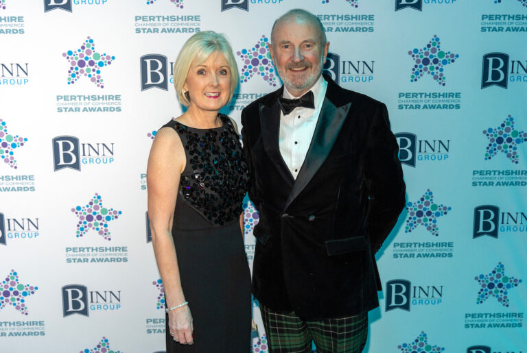 Perthshire Chamber of Commerce Business Star Awards 2024.....Crieff Hydro Hotel
Fiona Leckie pictured with host Fred MacAulay
Picture by Graeme Hart.
Copyright Perthshire Picture Agency
Tel: 07990 594431