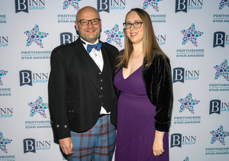 Perthshire Chamber of Commerce Business Star Awards 2024.....Crieff Hydro Hotel
Employee of the Year Award, Highly Commended Christina Carlon of Here's The Plan 
pictured with Chamber President Kerr Elliott.
Picture by Graeme Hart.
Copyright Perthshire Picture Agency
Tel: 07990 594431