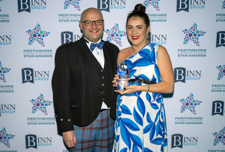 Perthshire Chamber of Commerce Business Star Awards 2024.....Crieff Hydro Hotel
Employee of the Year Award, Winner Sara Barrie of The Lending Channel 
pictured with Chamber President Kerr Elliott.
Picture by Graeme Hart.
Copyright Perthshire Picture Agency
Tel: 07990 594431