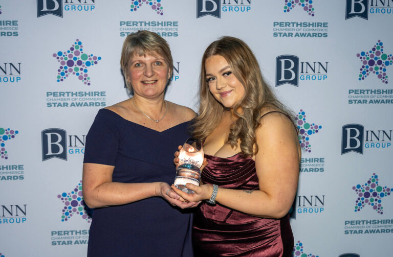 Perthshire Chamber of Commerce Business Star Awards 2024.....Crieff Hydro Hotel
Apprentice of the Year Award, Winner Eilidh Williamson of NFU Mutual is presented with her trophy by 
sponsor Sarah-Jane Urquhart from UHI Perth.
Picture by Graeme Hart.
Copyright Perthshire Picture Agency
Tel: 07990 594431