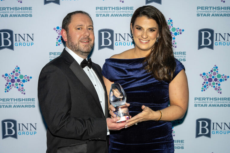 Perthshire Chamber of Commerce Business Star Awards 2024.....Crieff Hydro Hotel
Most Promising New Business, Winner Dr Jodie Fulton of Spa at the Steading being presented with her trophy by sponsor
Ryan Diplexcito from JCCA.
Picture by Graeme Hart.
Copyright Perthshire Picture Agency
Tel: 07990 594431