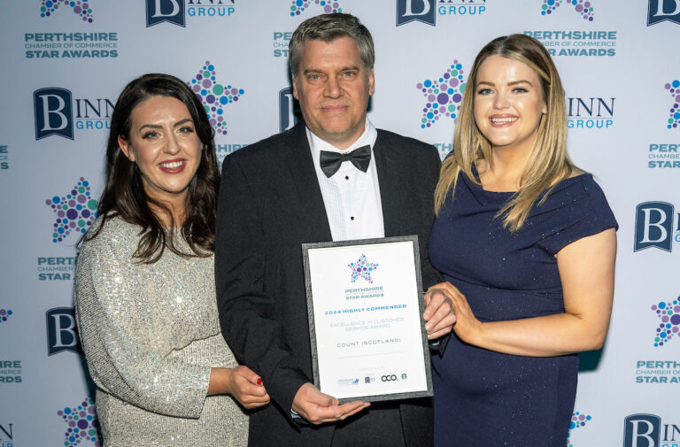 Perthshire Chamber of Commerce Business Star Awards 2024.....Crieff Hydro Hotel
Excellence in Customer Service, Highly Commended, Shannon, Gary and Cally from Count (Scotland)
Picture by Graeme Hart.
Copyright Perthshire Picture Agency
Tel: 07990 594431