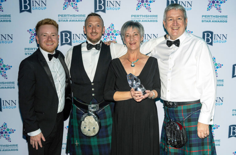 Perthshire Chamber of Commerce Business Star Awards 2024.....Crieff Hydro Hotel
Excellence in Business Innovation, Winners Ronnie Davie, Emma Davie and Frank Hotchkiss being presented with their trophy by sponsor Callum McKenna (left) from Graham Hygiene Services
Picture by Graeme Hart.
Copyright Perthshire Picture Agency
Tel: 07990 594431