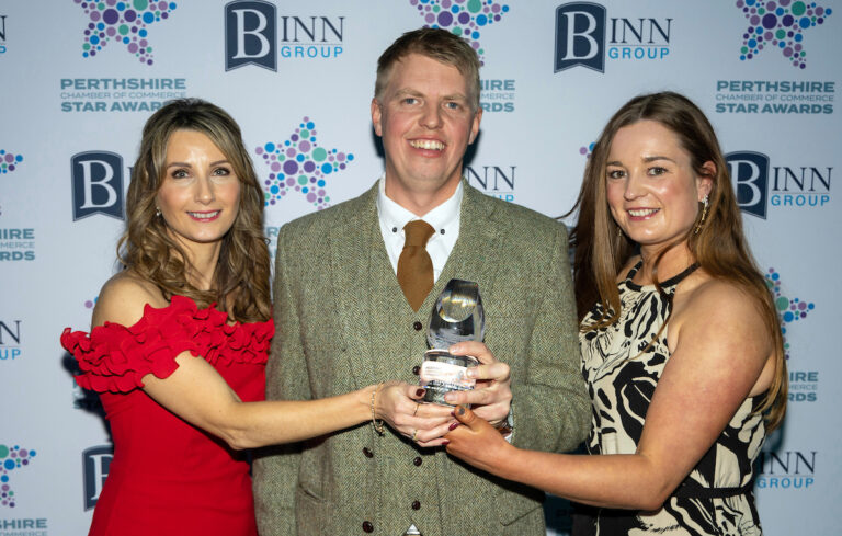 Perthshire Chamber of Commerce Business Star Awards 2024.....Crieff Hydro Hotel
Contribution to the Environment, Winners Steven Fletcher and Caitlin Wood from Logiealmond Estate 
being presented with their trophy by Sarah Mackintosh from Sponsors Sidey.
Picture by Graeme Hart.
Copyright Perthshire Picture Agency
Tel: 07990 594431