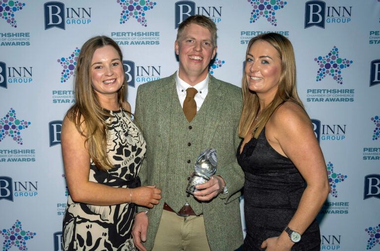 Perthshire Chamber of Commerce Business Star Awards 2024.....Crieff Hydro Hotel
Contribution to the Environment, Winners Steven Fletcher and Caitlin Wood from Logiealmond Estate 
pictured with Eilis Stevenson from the Binn Group
Picture by Graeme Hart.
Copyright Perthshire Picture Agency
Tel: 07990 594431