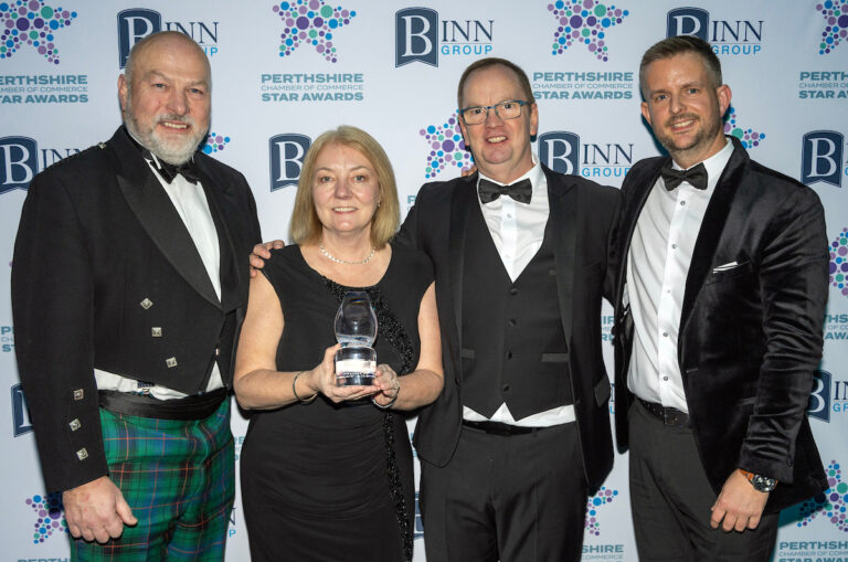 Perthshire Chamber of Commerce Business Star Awards 2024.....Crieff Hydro Hotel
Commitment to the Community, Winners Barry Davidson, Jill McGrath and Franny McGrath being presented 
with their trophy by sponsor Gary Robertson of Possible Estate Agents.
Picture by Graeme Hart.
Copyright Perthshire Picture Agency
Tel: 07990 594431