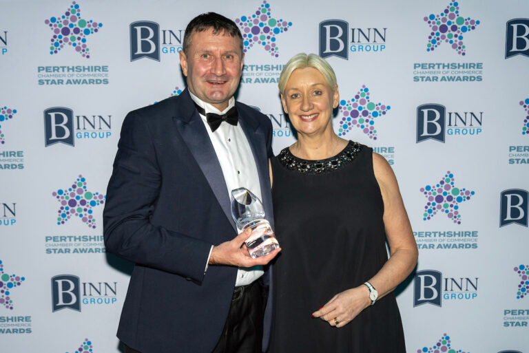 Perthshire Chamber of Commerce Business Star Awards 2024.....Crieff Hydro Hotel
Excellence in Tourism & Leisure, Winner Gary Silcock from Murrayshall Country Estate is presented with
his trophy by sponsor Wendy Stenberg from VisionPK
Picture by Graeme Hart.
Copyright Perthshire Picture Agency
Tel: 07990 594431