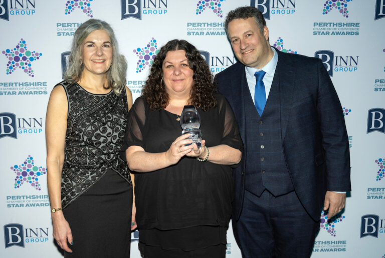 Perthshire Chamber of Commerce Business Star Awards 2024.....Crieff Hydro Hotel
Beyond Scotland Award, Winners Suzanne Littlejohn and Alex Brown from Bliss being presented with their
trophy by sponsor Jacqueline McCullough of Caithness Glass/Dartington Crystal
Picture by Graeme Hart.
Copyright Perthshire Picture Agency
Tel: 07990 594431