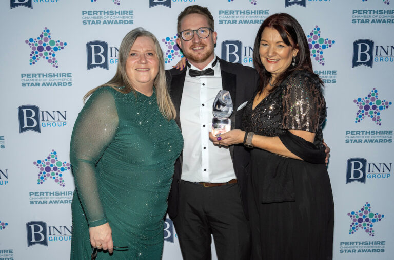 Perthshire Chamber of Commerce Business Star Awards 2024.....Crieff Hydro Hotel
Business Growth Award, Winners Marc Robb and Margaret Hebbourn from NFU Mutual Perth Agency
being presented with their trophy by sponsor Lisa Laidlaw of DYW Tay Cities.
Picture by Graeme Hart.
Copyright Perthshire Picture Agency
Tel: 07990 594431