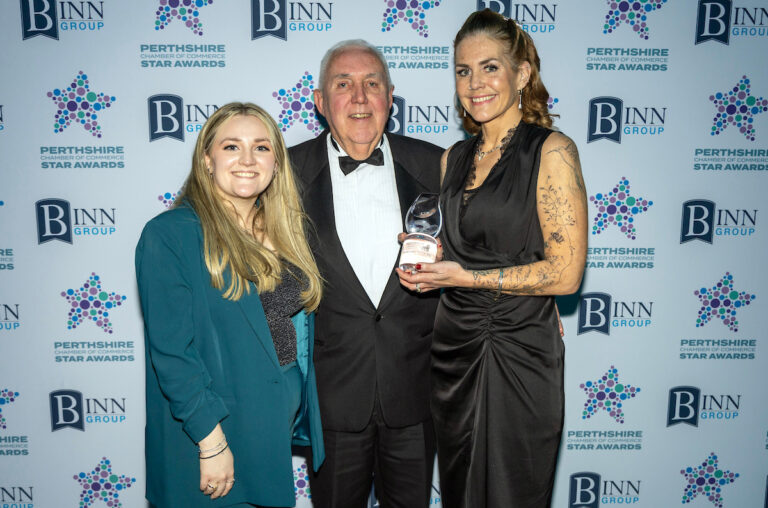 Perthshire Chamber of Commerce Business Star Awards 2024.....Crieff Hydro Hotel
Independent Retailer of the Year, Winners Laura Green and Rebecca Robertson from By Rebecca Studios being presented with their trophy by sponsor Jim Renton of Flonix.
Picture by Graeme Hart.
Copyright Perthshire Picture Agency
Tel: 07990 594431