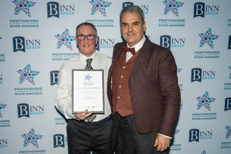 Perthshire Chamber of Commerce Business Star Awards 2024.....Crieff Hydro Hotel
Excellence in Food & Drink Produce, Highly Commended Allan Ferguson from Allan's Chilli Products 
pictured with sponsor David Bain of Castle Water.
Picture by Graeme Hart.
Copyright Perthshire Picture Agency
Tel: 07990 594431