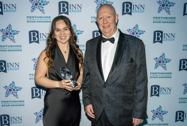 Perthshire Chamber of Commerce Business Star Awards 2024.....Crieff Hydro Hotel
Outstanding Young Business Person Winner Bethany Wallace of Landscaping by Wallace being 
presented with her trophy by sponsor Murray Ewing of The Lending Channel.
Picture by Graeme Hart.
Copyright Perthshire Picture Agency
Tel: 07990 594431