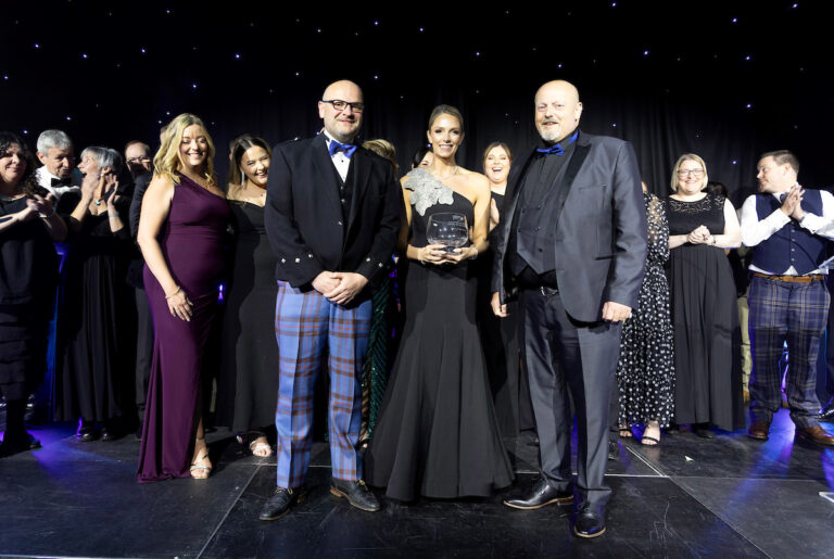 Perthshire Chamber of Commerce Business Star Awards 2024.....Crieff Hydro Hotel
Perthshire Business of the Year, Winner Keira Proctor from The A Proctor Group being presented with her 
trophy by sponsor Allan MacGregor of the Binn Group and Chamber President Kerr Elliott.
Picture by Graeme Hart.
Copyright Perthshire Picture Agency
Tel: 07990 594431