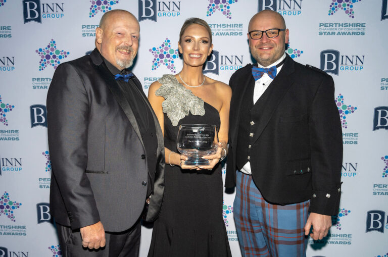 Perthshire Chamber of Commerce Business Star Awards 2024.....Crieff Hydro Hotel
Perthshire Business of the Year, Winner Keira Proctor from The A Proctor Group being presented with her 
trophy by sponsor Allan MacGregor of the Binn Group and Chamber President Kerr Elliott.
Picture by Graeme Hart.
Copyright Perthshire Picture Agency
Tel: 07990 594431