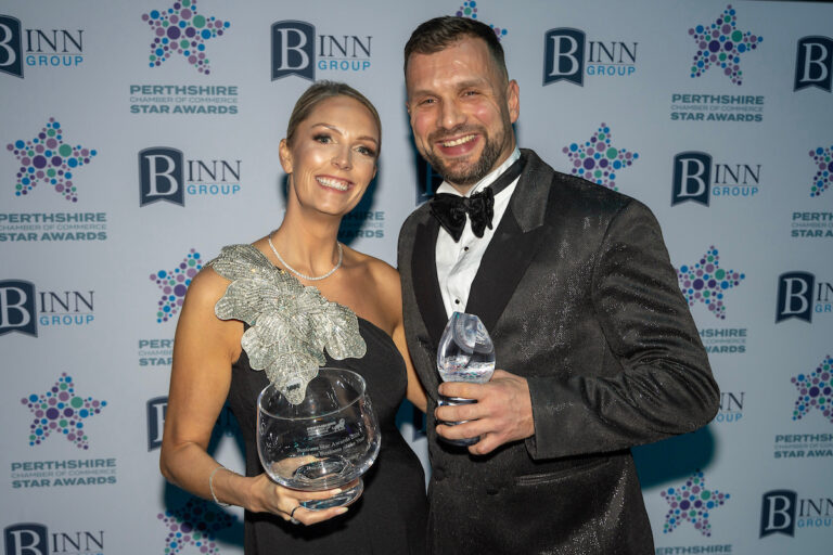 Perthshire Chamber of Commerce Business Star Awards 2024.....Crieff Hydro Hotel
Perthshire Business of the Year, Winner Keira Proctor from The A Proctor Group pictured with Kevin Cuthbert
winner of the Health and Wellbeing Business of the Year
Picture by Graeme Hart.
Copyright Perthshire Picture Agency
Tel: 07990 594431