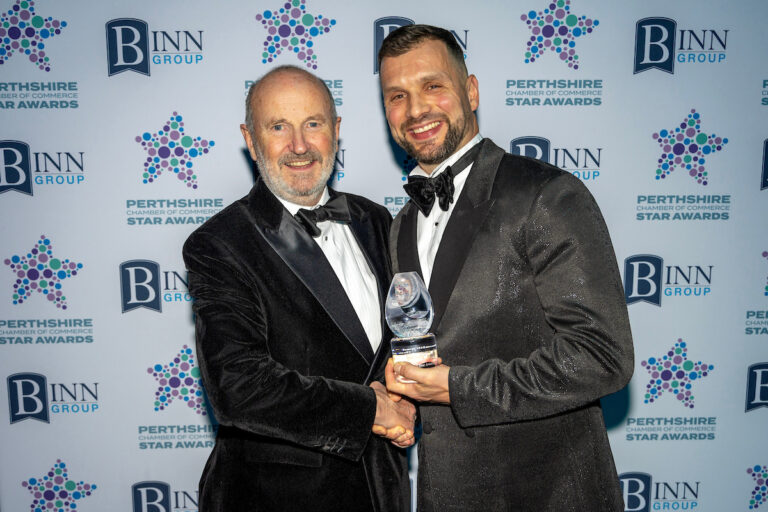 Perthshire Chamber of Commerce Business Star Awards 2024.....Crieff Hydro Hotel
Health and Wellbeing Business of the Year Winner Kevin Cuthbert pictured with host Fred MacAulay
Picture by Graeme Hart.
Copyright Perthshire Picture Agency
Tel: 07990 594431