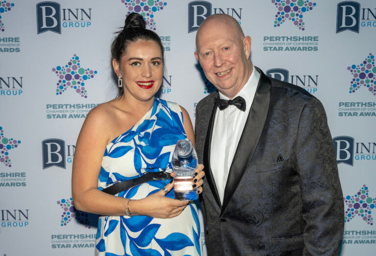 Perthshire Chamber of Commerce Business Star Awards 2024.....Crieff Hydro Hotel
Employee of the Year Award, Winner Sara Barrie of The Lending Channel 
pictured with Murray Ewing
Picture by Graeme Hart.
Copyright Perthshire Picture Agency
Tel: 07990 594431